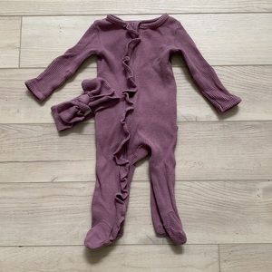 Spearmint Eggplant Purple Zip Ruffle Footie with Headband 3-6m